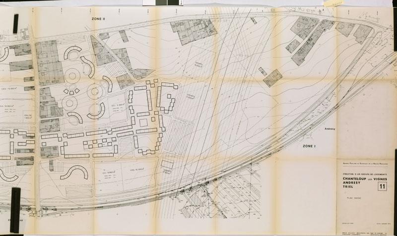 Agence foncière et technique de la région parisienne. Création d'un groupe de logements. Chanteloup-les-Vignes, Andrésy, Triel. Plan masse, janvier 1970, signé Emile Aillaud. Zone à l'est de la route de Poissy, les bâtiments dessinés ne concernent plus que la commune de Chanteloup.