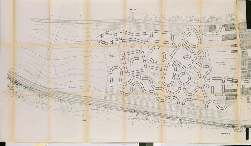 Agence foncière et technique de la région parisienne. Création d'un groupe de logements. Chanteloup-les-Vignes, Andrésy, Triel. Plan masse, janvier 1970, signé Emile Aillaud. Zone à l'ouest de la route de Poissy, les bâtiments dessinés ne concernent quasiment plus que la commune de Chanteloup.