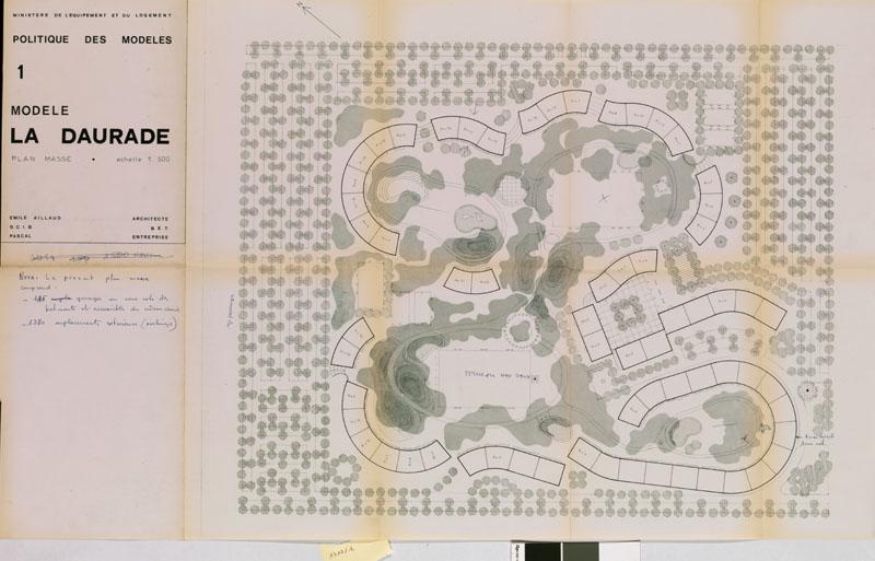 Ministère de l'équipement et du logement, Politique des modèles. Modèle La Daurade. Emile Aillaud, architecte. OCIB, BET. Pascal, entreprise. S. d. (les pièces écrites du dossier sont datées d'octobre 1972). Le concours des modèles 1972 comprenait 1000 logements collectifs.