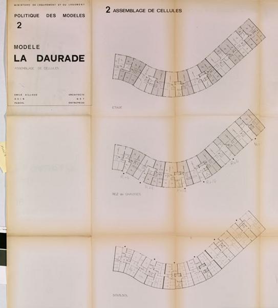 Ministère de l'équipement et du logement, Politique des modèles. Modèle La Daurade, assemblage des cellules. Emile Aillaud, architecte. OCIB, BET. Pascal, entreprise. S. d. (les pièces écrites du dossier sont datées d'octobre 1972).