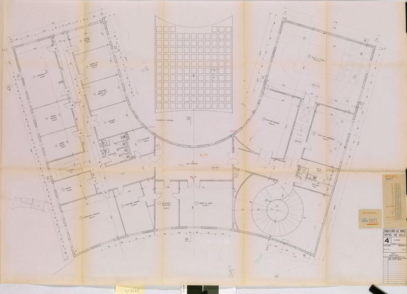 Chanteloup les Vignes, hôtel de ville. Plan de l'étage, 1974. Emile Aillaud architecte. Le bâtiment n'a pas été construit.