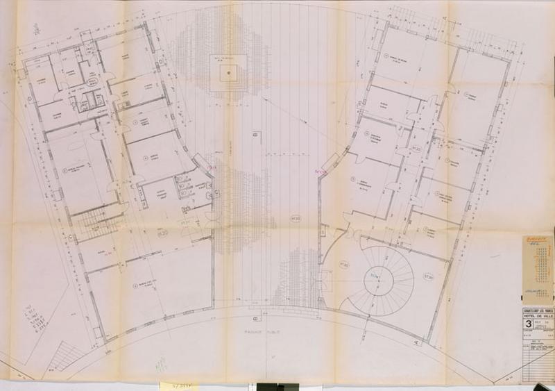 Chanteloup les Vignes, hôtel de ville. Plan du rez-de-jardin, 1974. Emile Aillaud architecte. Le bâtiment n'a pas été construit.