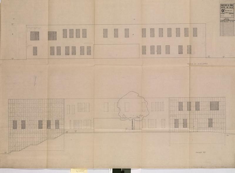 Chanteloup les Vignes, hôtel de ville. Façade est, 1974. Emile Aillaud architecte. Le bâtiment n'a pas été construit. Les façades étaient prévues recouvertes de marbre blanc.