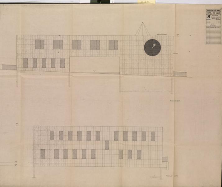 Chanteloup les Vignes, hôtel de ville. Façades ouest et nord, 1974. Emile Aillaud architecte. Le bâtiment n'a pas été construit. Les façades étaient prévues recouvertes de marbre blanc.