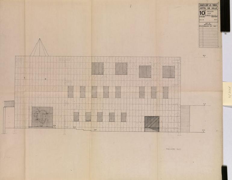 Chanteloup les Vignes, hôtel de ville. Façade sud, 1974. Emile Aillaud architecte. Le bâtiment n'a pas été construit. Les façades étaient prévues recouvertes de marbre blanc.
