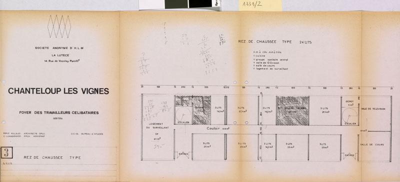 Société anonyme d'HLM La Lutèce. Chanteloup les Vignes, foyer des travailleurs célibataires, 600 lits. Plan d'un rez-de-chaussée type. Emile Aillaud architecte. janvier 1972.