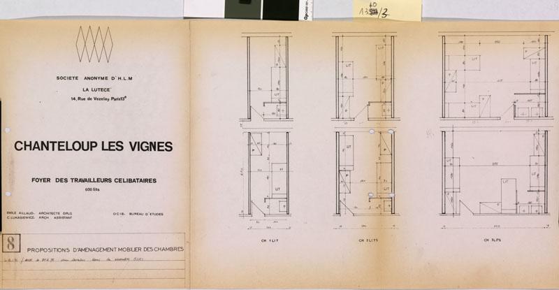 Société anonyme d'HLM La Lutèce. Chanteloup les Vignes, foyer des travailleurs célibataires, 600 lits. Proposition d'aménagement mobilier des chambres. Emile Aillaud architecte. Janvier 1972. Les travailleurs sont répartis dans des chambres individuelles (9,45 m²), chambres doubles (15,20 m²) ou chambres à trois lits (29 m²).