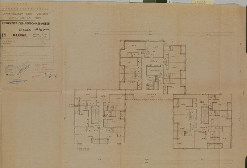 OPHLMRP. Chanteloup les Vignes, ZAC de la Noé. Résidence des personnes âgées. Plans des 1er et 2e étage. Oct. 1976, signé E et J. Brukalski.