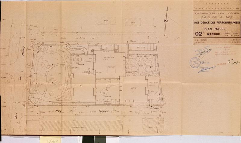 OPHLMRP. Chanteloup les Vignes, ZAC de la Noé. Résidence des personnes âgées. Plan masse. oct 1976, signé E et J. Brukalski.