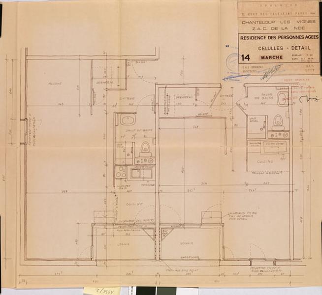 OPHLMRP. Chanteloup les Vignes, ZAC de la Noé. Résidence des personnes âgées. Plan des détails de 2 cellules. Oct. 1976, signé E et J. Brukalski.
