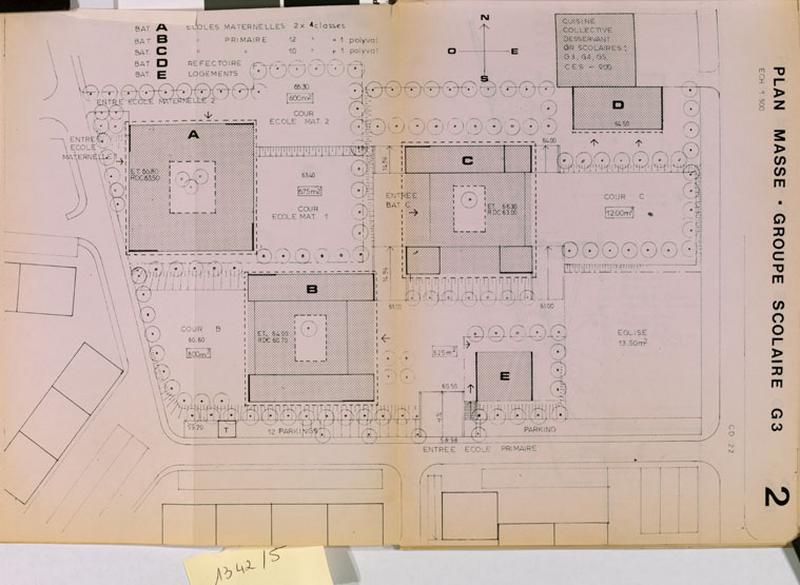 Groupe scolaire G3. Plan masse du dossier d'avant-projet, 1972. Emile Aillaud, architecte.