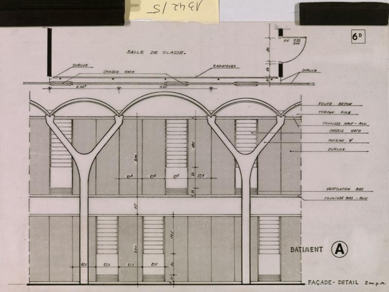Groupe scolaire G3. Détail d'une façade du dossier d'avant-projet, 1972. Emile Aillaud, architecte. Les poteaux en Y ne seront finalement pas mis en oeuvre ; les voutains seront portés par des poteaux droits.