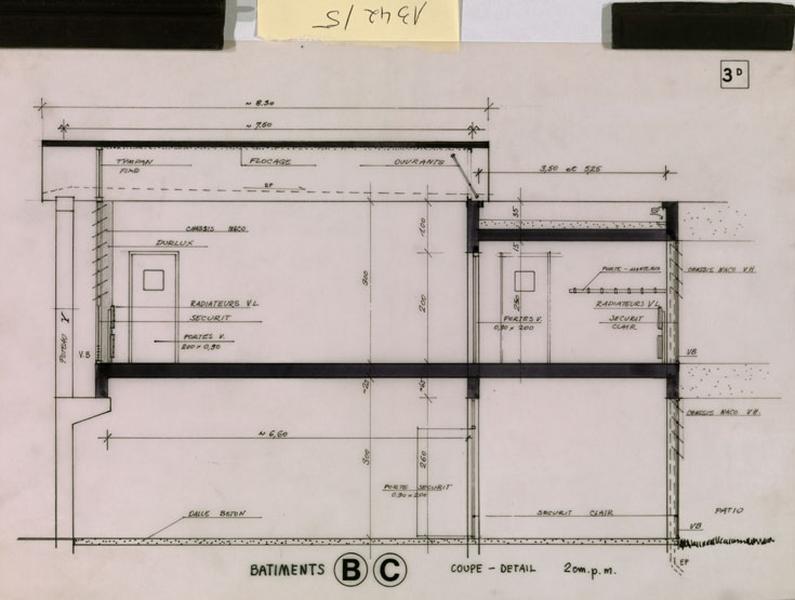 Groupe scolaire G3. Détail de coupe sur les bâtiments B et C du dossier d'avant-projet, 1972. Emile Aillaud, architecte.
