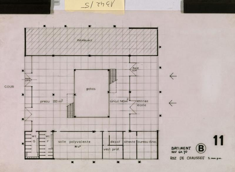Groupe scolaire G3. Plan du rez de chaussée du bâtiment B (école primaire) du dossier d'avant-projet, 1972. Emile Aillaud, architecte.