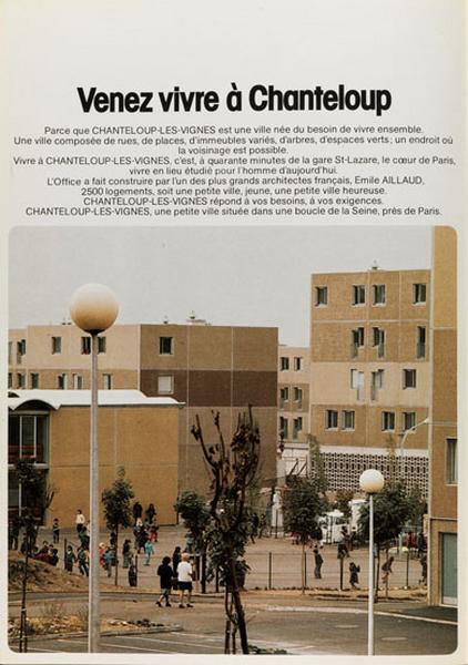 Page intitulée ' Venez vivre à Chanteloup ' de la brochure éditée par l'office public d'HLM interdépartemental de la région parisienne pour vanter ses réalisations de Chanteloup.