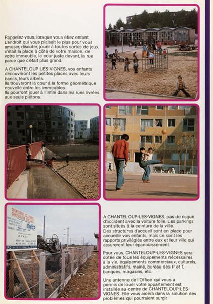 Page montrant des images de différentes aires de jeux de la brochure éditée par l'office public d'HLM interdépartemental de la région parisienne pour vanter ses réalisations de Chanteloup.