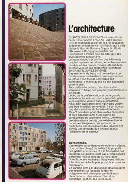 Page intitulée ' L'architecture ' de la brochure éditée par l'office public d'HLM interdépartemental de la région parisienne pour vanter ses réalisations de Chanteloup.