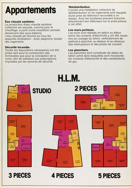 Page intitulée ' les appartements HLM ' (plans des studio et 2 à 5 pièces) de la brochure éditée par l'office public d'HLM interdépartemental de la région parisienne pour vanter ses réalisations de Chanteloup.