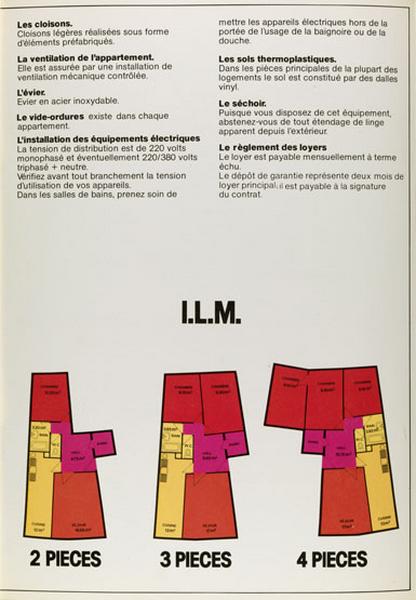 Page intitulée ' les ILM ' (plans des 2 à 5 pièces) de la brochure éditée par l'office public d'HLM interdépartemental de la région parisienne pour vanter ses réalisations de Chanteloup.
