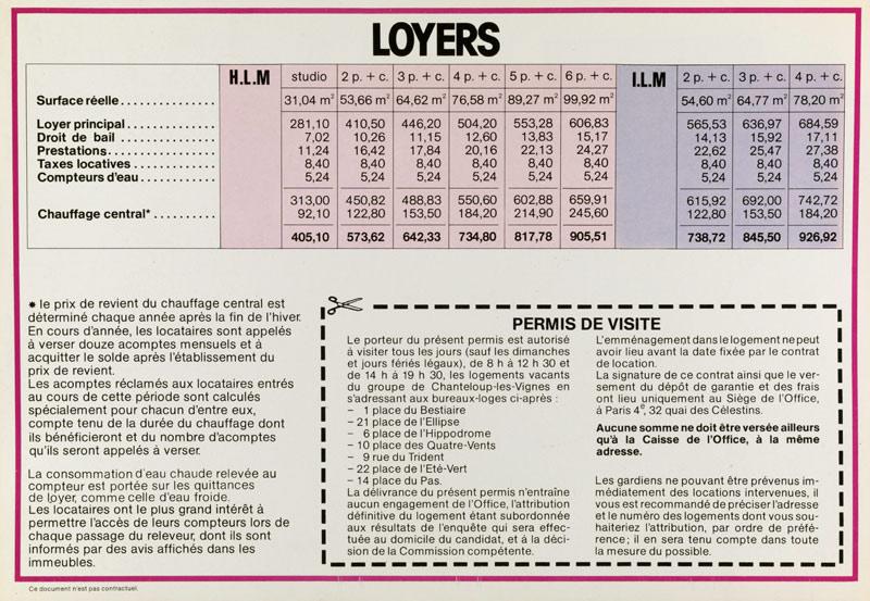 Page intitulée ' loyers ' indiquant les prix pour chaque catégorie de logement, de la brochure éditée par l'office public d'HLM interdépartemental de la région parisienne pour vanter ses réalisations de Chanteloup.