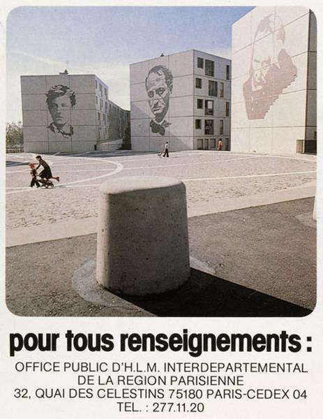 Quatrième de couverture présentant une image des murs pignon des Poètes de la brochure éditée par l'office public d'HLM interdépartemental de la région parisienne pour vanter ses réalisations de Chanteloup.