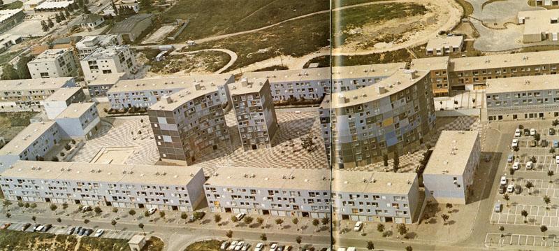 Vue aérienne de la place du Béguinage. Le dessin sophistiqué du sol est bien lisible. Le bâtiment tour au centre de la place est aujourd'hui détruit. En haut et à gauche de l'image, la maison de retraite en construction.