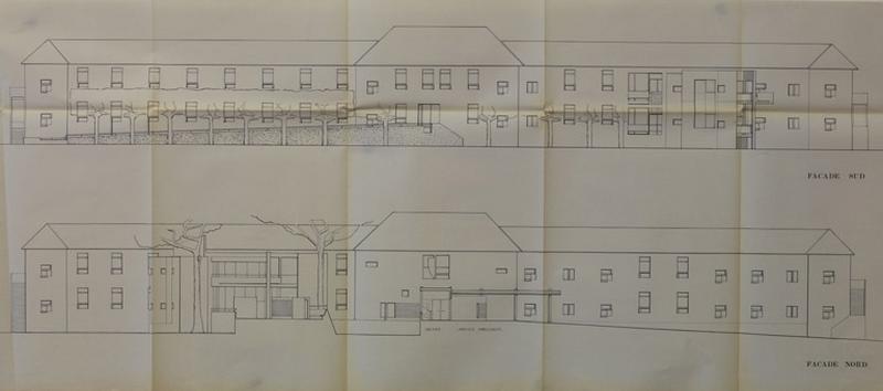 Projet de réhabilitation et d'extension du pavillon Laënnec, dans le cadre du concours intitulé 'du lit au fauteuil' organisé par l'AP en 1987 : façade sud et nord dessinées par les architectes Emmanuelle Colboc et Jean-Marc Gauthier, lauréats du concours. 1988.