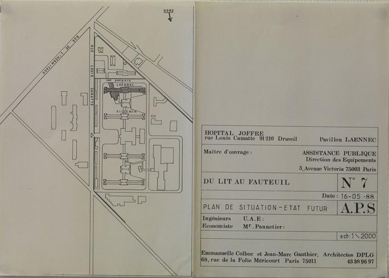 Projet de réhabilitation et d'extension du pavillon Laënnec, dans le cadre du concours intitulé 'du lit au fauteuil' organisé par l'AP en 1987 : plan de situation et état futur ; Emmanuelle Colboc et Jean-Marc Gauthier, architectes lauréats du concours. 16 mai 1988.