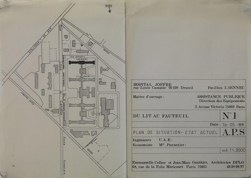 Projet de réhabilitation et d'extension du pavillon Laënnec, dans le cadre du concours intitulé 'du lit au fauteuil' organisé par l'AP en 1987 : état actuel ; Emmanuelle Colboc et Jean-Marc Gauthier, architectes lauréats du concours. 16 mai 1988.