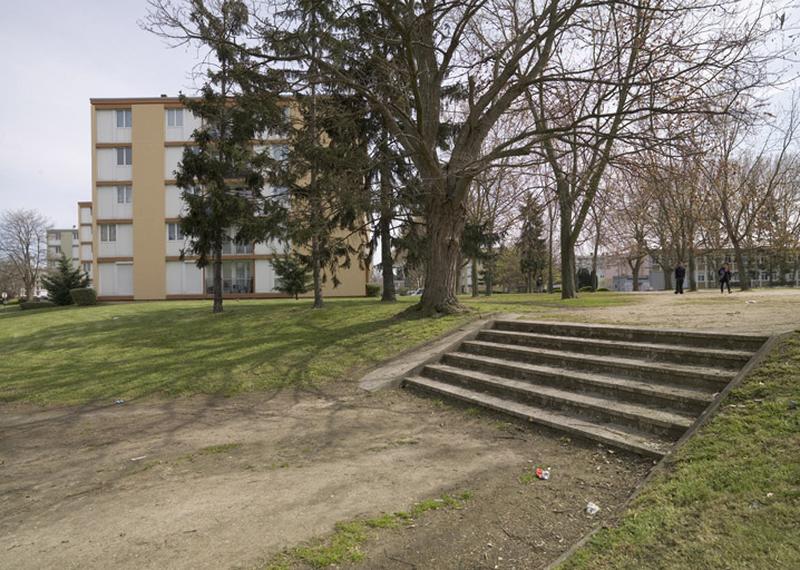 Talus couvert de pelouse et escalier descendant vers l'avenue Frédéric-Joliot-Curie, à proximité des immeubles de la rue Ambroise-Paré.
