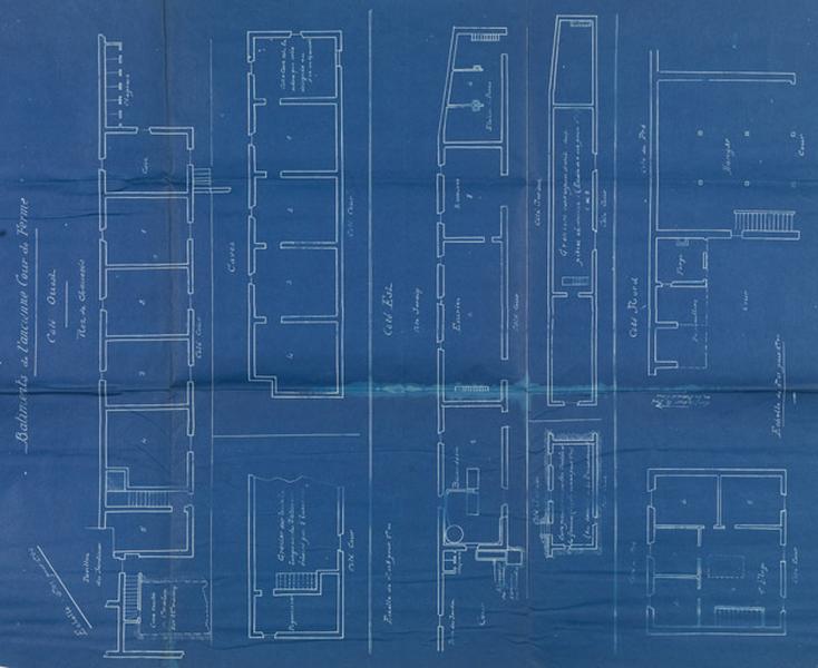 Plans des bâtiments de l'ancienne cour de ferme, côtés ouest, est et nord.