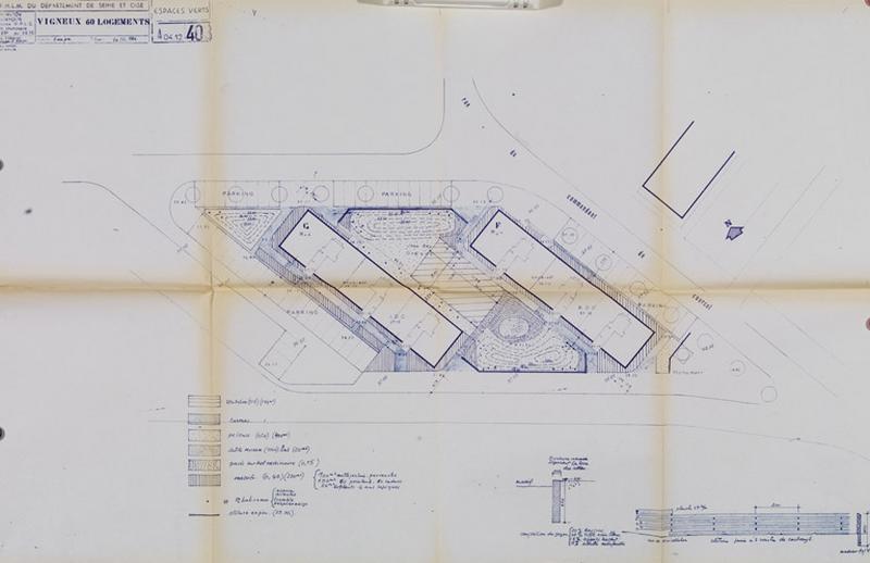 Deuxième tranche de 60 logements (2 immeubles) : plan des espaces verts, 24 juillet 1964.