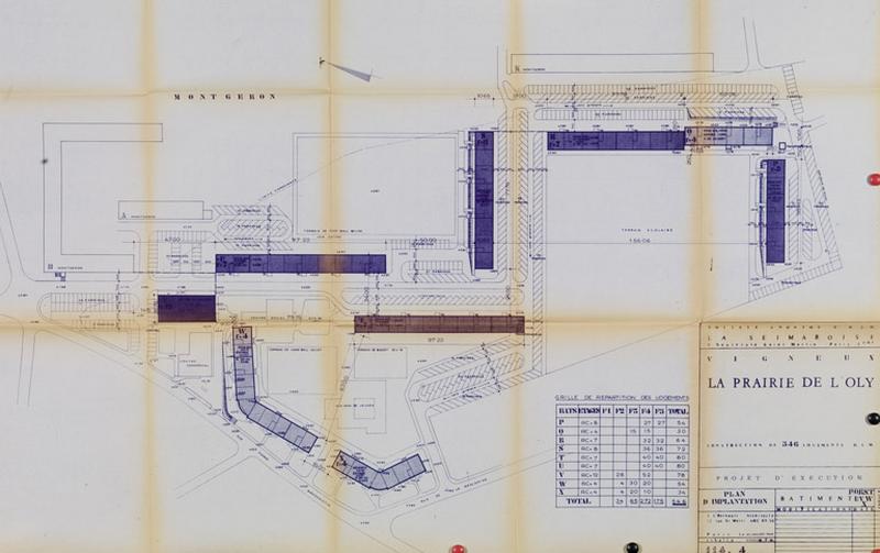 Plan d'implantation (commune de Vigneux-sur-Seine). Les 9 bâtiments totalisent 546 logements HLM.