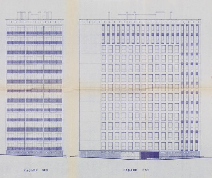 Façades est et sud d'un bâtiment R + 13.