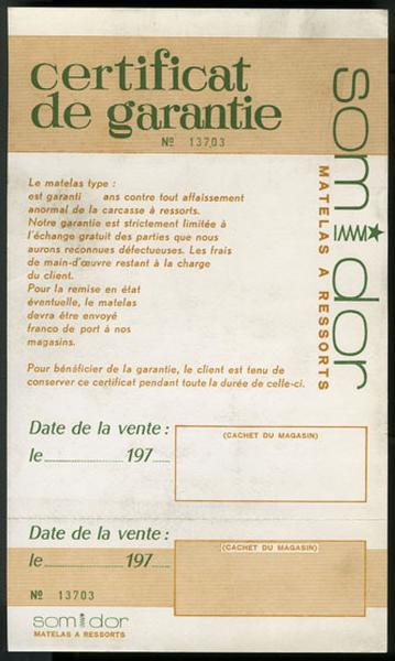 Certificat de garantie des matelas de la marque Somidor (document trouvé sur site).
