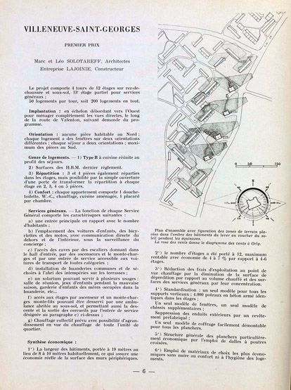 Villeneuve-Saint-Georges, cité dite cité Gabriel Péri, Avenue Division Leclerc, Cité des Tours.. Plan masse et texte descriptif du projet de Solotareff et Lajoinie. Tiré de : Villeneuve-Saint-Georges, cité Gabriel Péri. Présentation des différents projets. In Architecture française, n° 103-104, 1950.