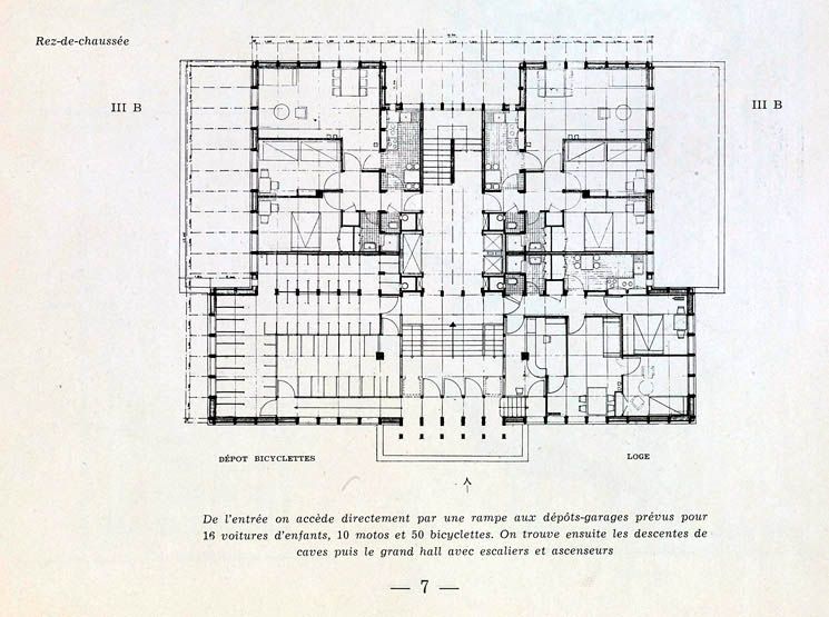 Villeneuve-Saint-Georges, cité dite cité Gabriel Péri, avenue Division Leclerc, Cité des Tours.. Plan du RDC d'une tour type du projet de Solotareff et Lajoinie. Tiré de : Villeneuve-Saint-Georges, cité Gabriel Péri. Présentation des différents projets. In Architecture française, n° 103-104, 1950.