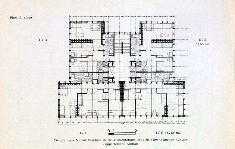 Villeneuve-Saint-Georges, cité dite cité Gabriel Péri, avenue Division Leclerc, Cité des Tours. Plan du 12e étage d'une tour type du projet de Solotareff et Lajoinie. Tiré de : Villeneuve-Saint-Georges, cité Gabriel Péri. Présentation des différents projets. In Architecture française, n° 103-104, 1950.