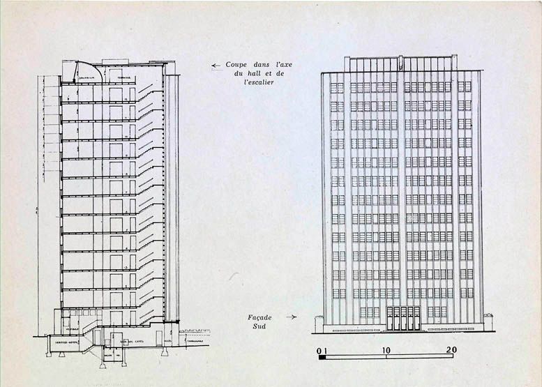 Villeneuve-Saint-Georges, cité dite cité Gabriel Péri, avenue Division Leclerc, Cité des Tours. Coupe et élévation d'une tour type du projet de Solotareff et Lajoinie. Tiré de : Villeneuve-Saint-Georges, cité Gabriel Péri. Présentation des différents projets. In Architecture française, n° 103-104, 1950.