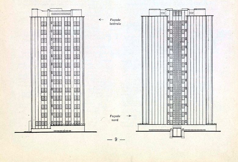 Villeneuve-Saint-Georges, cité dite cité Gabriel Péri, avenue Division Leclerc, Cité des Tours. Deux élévations d'une tour type du projet de Solotareff et Lajoinie. Tiré de : Villeneuve-Saint-Georges, cité Gabriel Péri. Présentation des différents projets. In Architecture française, n° 103-104, 1950.