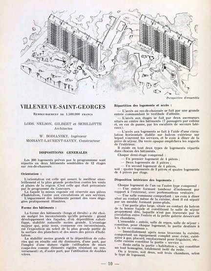 Villeneuve-Saint-Georges, cité dite cité Gabriel Péri, avenue Division Leclerc, Cité des Tours. Perspective d'ensemble et texte de présentation du projet de Lods, Nelson, Gilbert et Sebillotte. Tiré de : Villeneuve-Saint-Georges, cité Gabriel Péri. Présentation des différents projets. In Architecture française, n° 103-104, 1950.