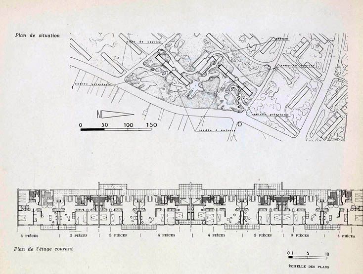 Villeneuve-Saint-Georges, cité dite cité Gabriel Péri. Plan masse et plan d'étage courant d'une barre type du projet de Lods, Nelson, Gilbert et Sebillotte. Tiré de : Villeneuve-Saint-Georges, cité Gabriel Péri. Présentation des différents projets. In Architecture française, n° 103-104, 1950.