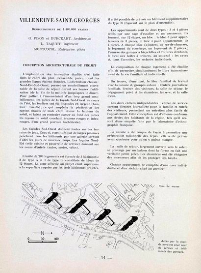 Villeneuve-Saint-Georges, cité dite cité Gabriel Péri, avenue Division Leclerc, Cité des Tours. Plan masse et texte de présentation du projet de Pison et Burckart. Tiré de : Villeneuve-Saint-Georges, cité Gabriel Péri. Présentation des différents projets. In Architecture française, n° 103-104, 1950.