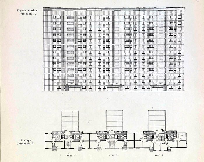 Villeneuve-Saint-Georges, cité dite cité Gabriel Péri, avenue Division Leclerc, Cité des Tours. Façade et plan du 12e étage d'une barre type du projet de Pison et Burckart. Tiré de : Villeneuve-Saint-Georges, cité Gabriel Péri. Présentation des différents projets. In Architecture française, n° 103-104, 1950.