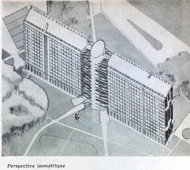 Villeneuve-Saint-Georges, cité dite cité Gabriel Péri, avenue Division Leclerc, Cité des Tours. Perspective isométrique d'une barre type de l'un des projets. Tiré de : Villeneuve-Saint-Georges, cité Gabriel Péri. Présentation des différents projets. In Architecture française, n° 103-104, 1950.