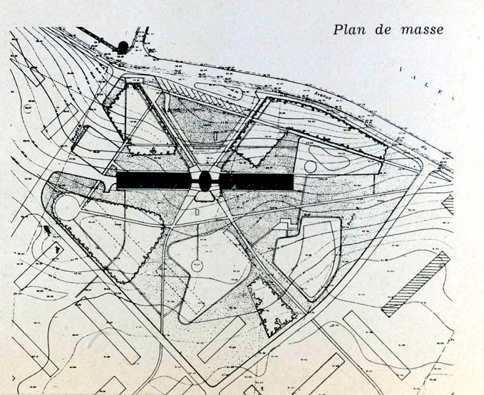 Villeneuve-Saint-Georges, cité dite cité Gabriel Péri, avenue Division Leclerc, Cité des Tours. Plan masse de l'un des projets. Tiré de : Villeneuve-Saint-Georges, cité Gabriel Péri. Présentation des différents projets. In Architecture française, n° 103-104, 1950.