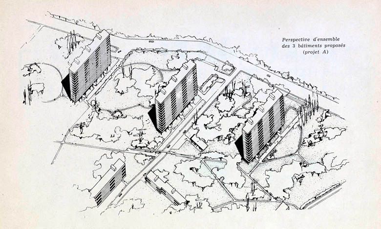 Villeneuve-Saint-Georges, cité dite cité Gabriel Péri, avenue Division Leclerc, Cité des Tours. Perspective d'ensemble des trois bâtiments de l'un des projets. Tiré de : Villeneuve-Saint-Georges, cité Gabriel Péri. Présentation des différents projets. In Architecture française, n° 103-104, 1950.