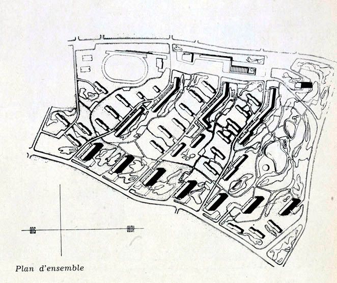 Villeneuve-Saint-Georges, cité dite cité Gabriel Péri, avenue Division Leclerc, Cité des Tours .Plan d'ensemble de l'un des projets. Tiré de : Villeneuve-Saint-Georges, cité Gabriel Péri. Présentation des différents projets. In Architecture française, n° 103-104, 1950.