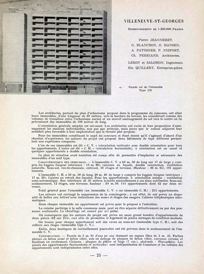 Villeneuve-Saint-Georges, cité dite cité Gabriel Péri, avenue Division Leclerc, Cité des Tours. Façade est d'un immeuble type et texte de présentation du projet de Jeanneret, Blanchon, Hansen, Patissier, Nieport, Perriand. Tiré de : Villeneuve-Saint-Georges, cité Gabriel Péri. Présentation des différents projets. In Architecture française, n° 103-104, 1950.