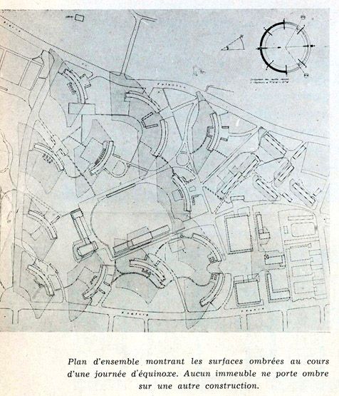 Villeneuve-Saint-Georges, cité dite cité Gabriel Péri, avenue Division Leclerc, Cité des Tours. Plan d'ensemble du projet de Jeanneret, Blanchon, Hansen, Patissier, Nieport, Perriand. Tiré de : Villeneuve-Saint-Georges, cité Gabriel Péri. Présentation des différents projets. In Architecture française, n° 103-104, 1950.